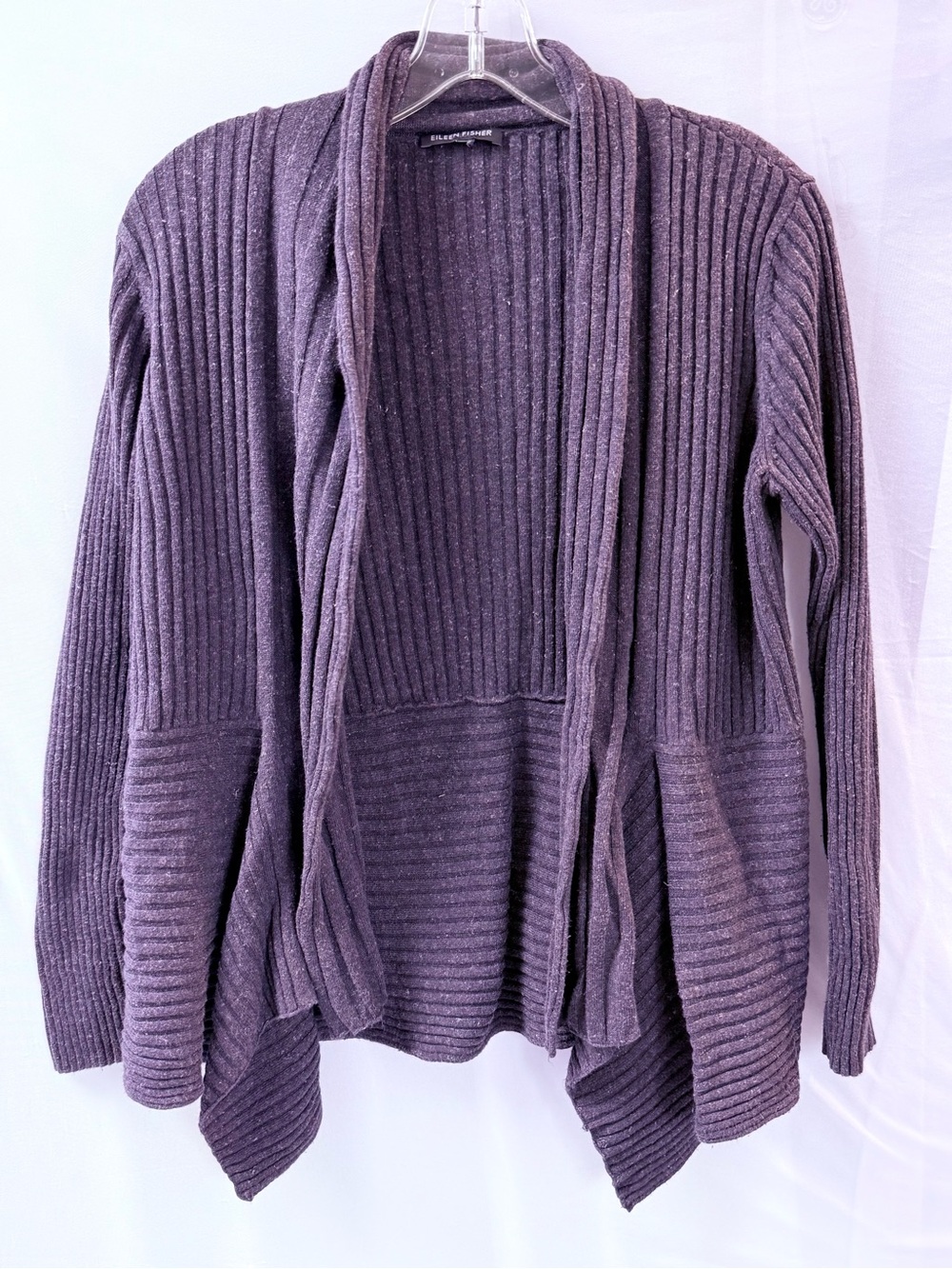 Eileen Fisher Ribbed Open-Front Cardigan - Heathered Purple with Linen
